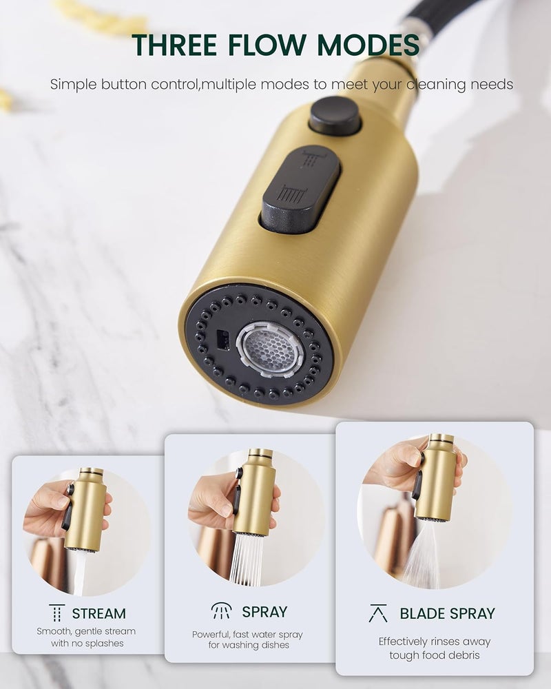HEISOK Pull Down Spray Head for Kitchen Sink, Replacement with 15 Adapters, 3 Function Pull Out Faucet Sprayer Nozzle, Brushed Gold - Image 2
